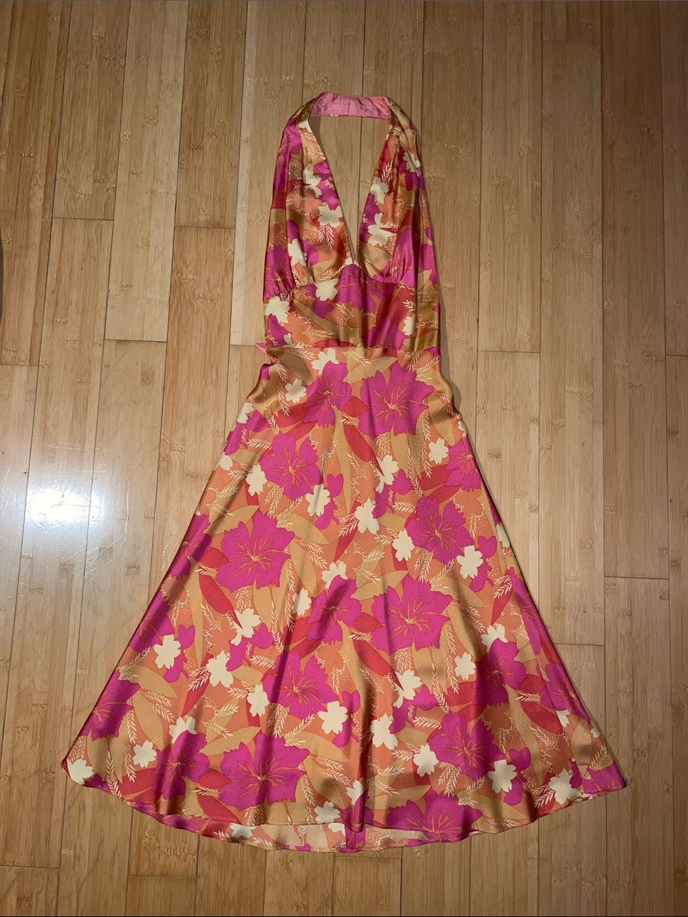 Laundry By Shelli Segal - Silk Pink & Gold Floral Halter Backless Midi Dress